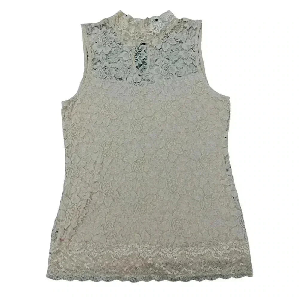 Cupio Lace Mock Neck Sleeveless Pink Top Size Medium Fitted Stretch Lined Sexy
